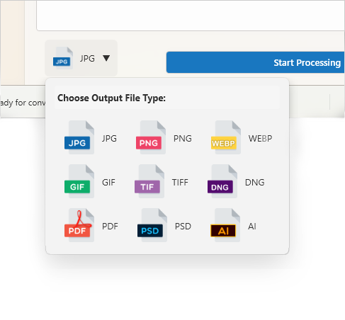 Convert HEIC to JPG, PNG, WebP, GIF, TIFF, Photoshop PSD, PDF, and Illustrator AI files